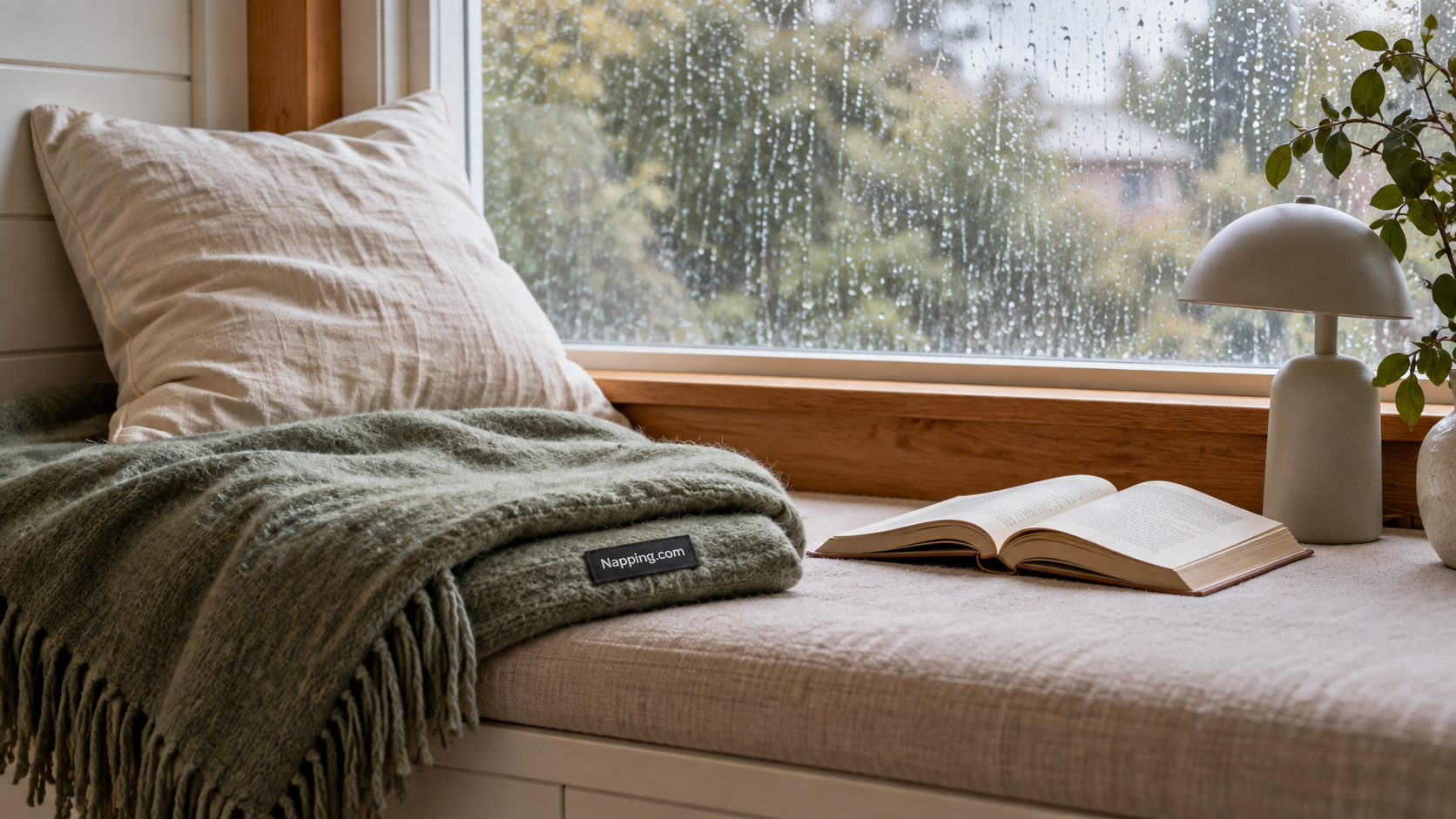 Sage throw and an open book on a cushioned window seat