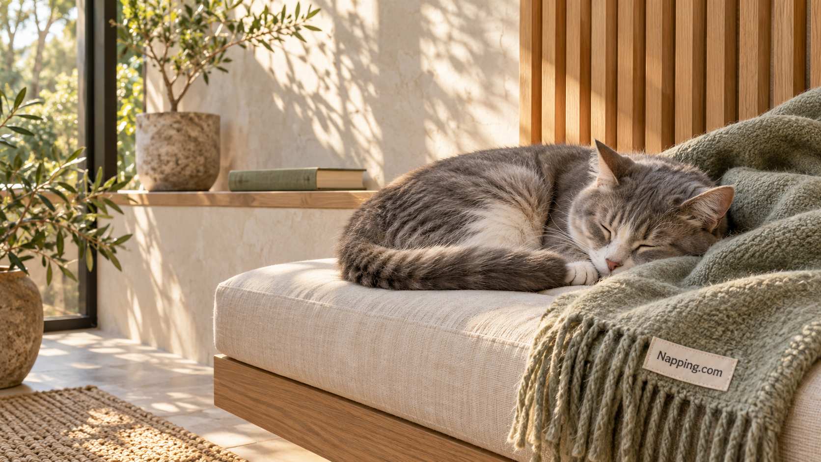 A cat curled up on a sage blanket in a sunlit room