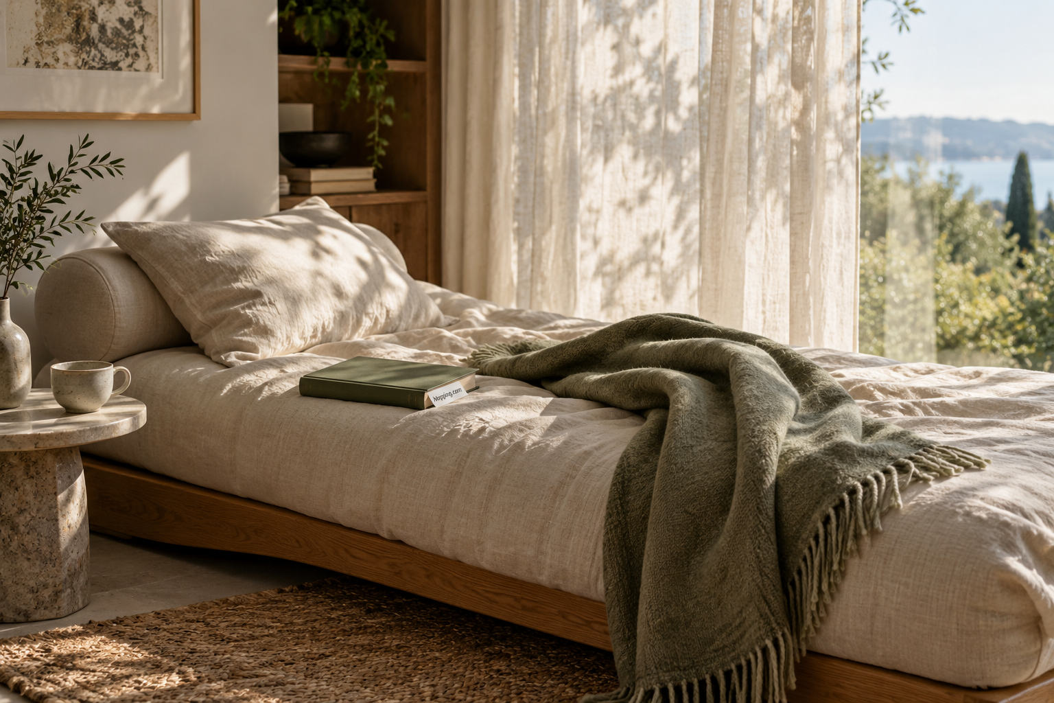 Sunlit linen daybed with a sage blanket beside an open window