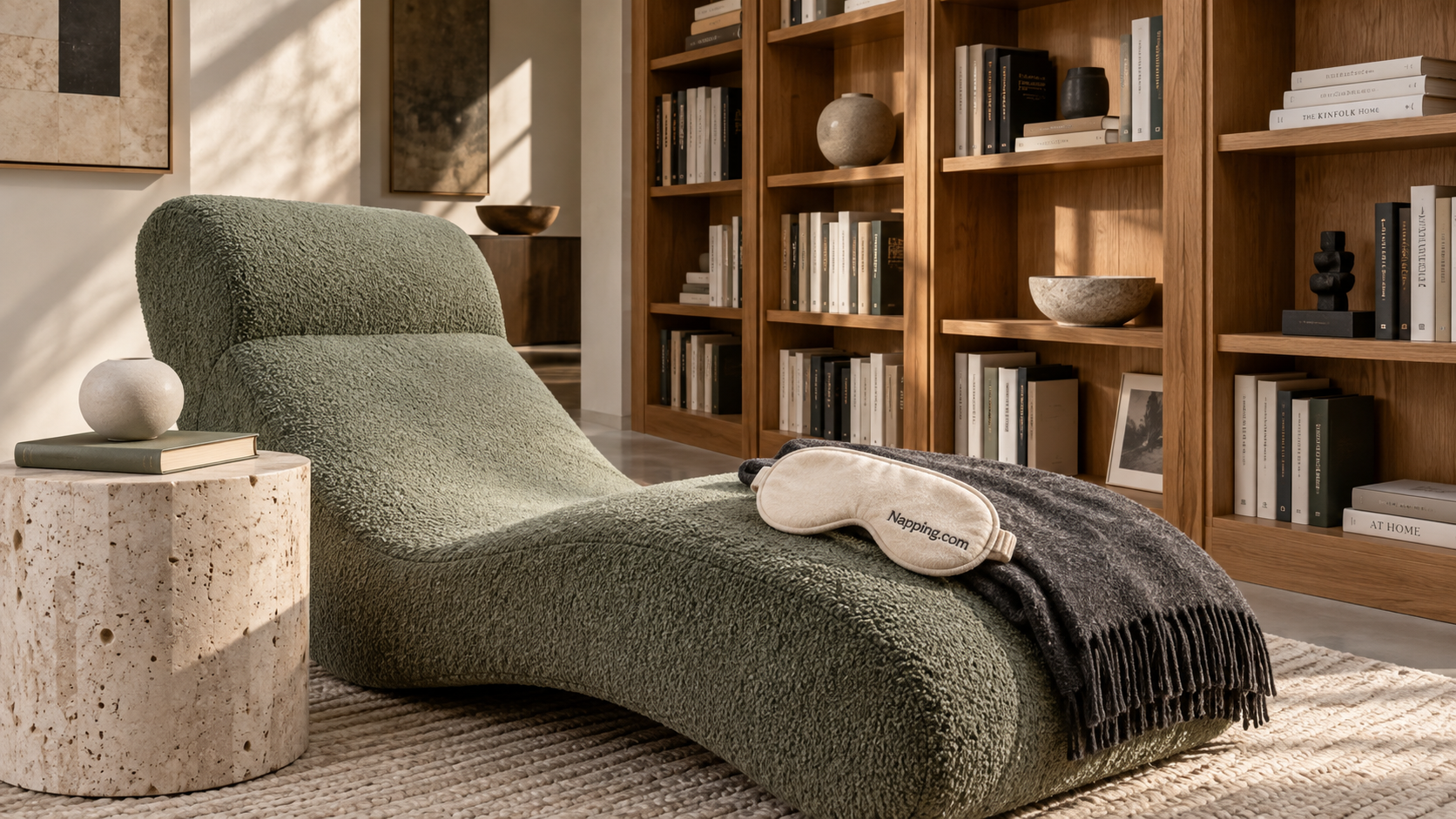 Sage chaise with an eye mask and throw beside wooden bookshelves