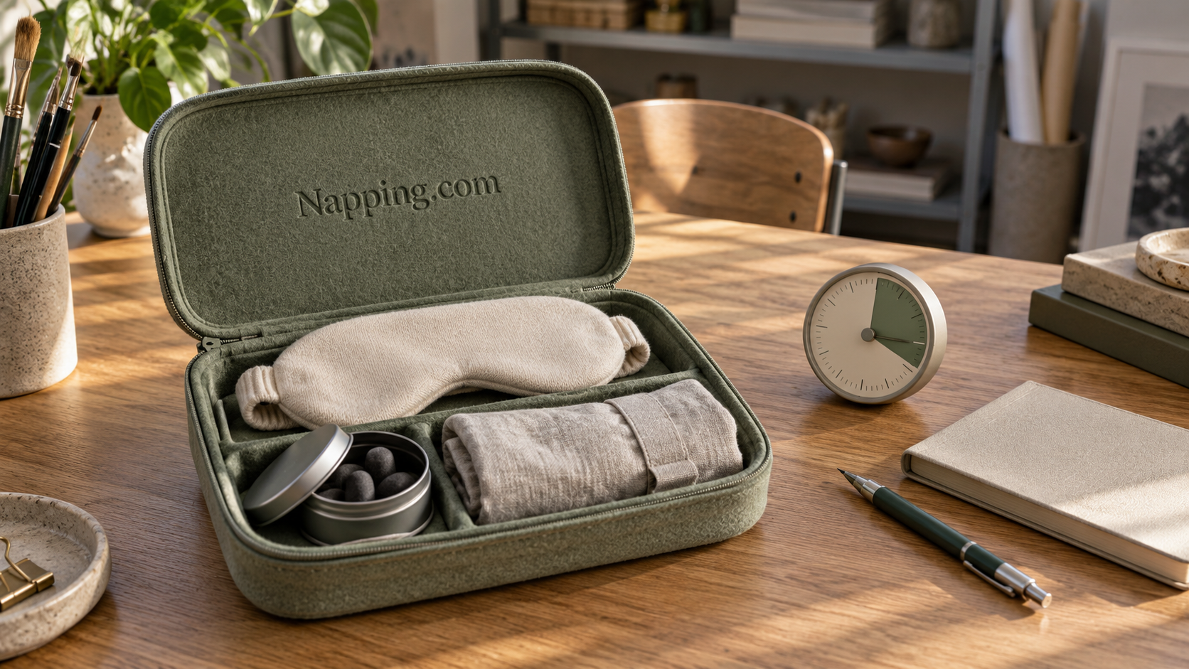 Open sage travel case with an eye mask, folded cloth and headphones
