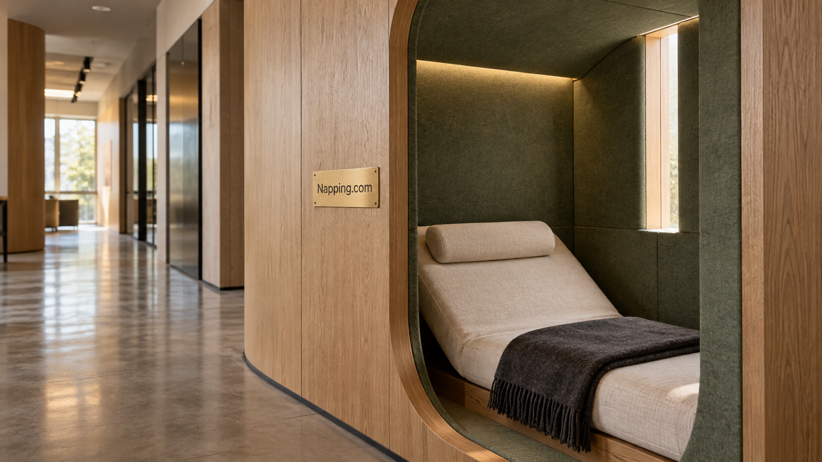 Wooden workplace rest alcove with a reclining cushion and dark throw