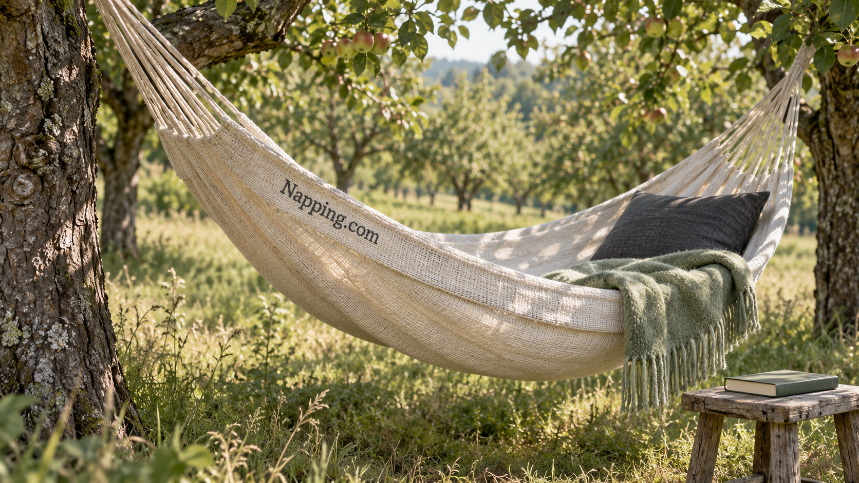 Cream hammock with a sage throw beneath leafy garden trees