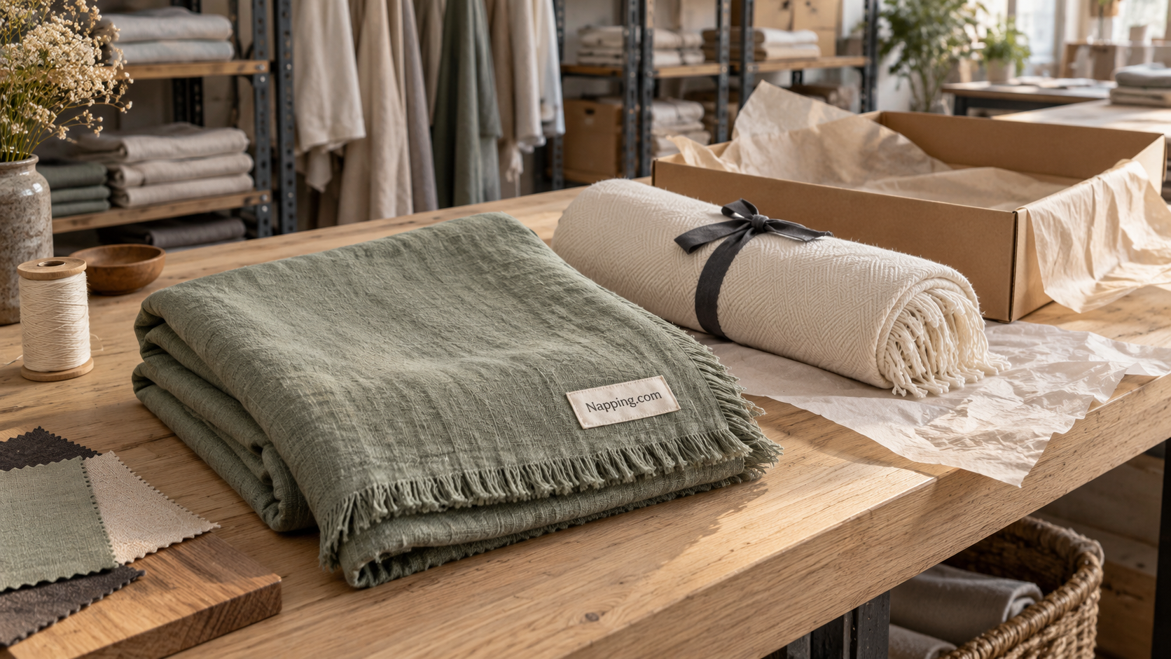 Sage and cream blankets with fabric swatches on a studio table