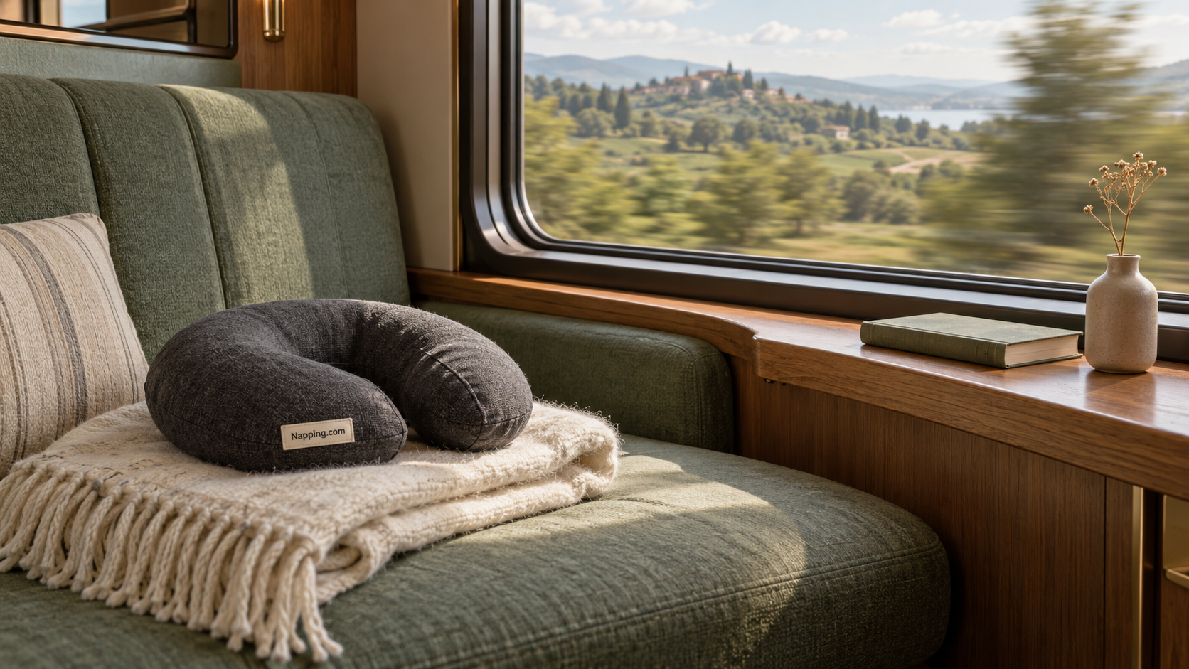 Travel pillow and cream blanket on a sage train seat beside a countryside view