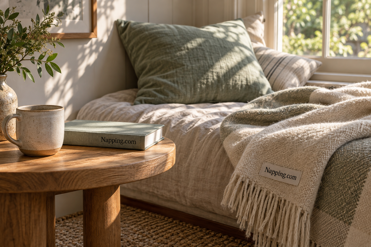 Napping.com book and woven blanket beside a ceramic mug in afternoon light